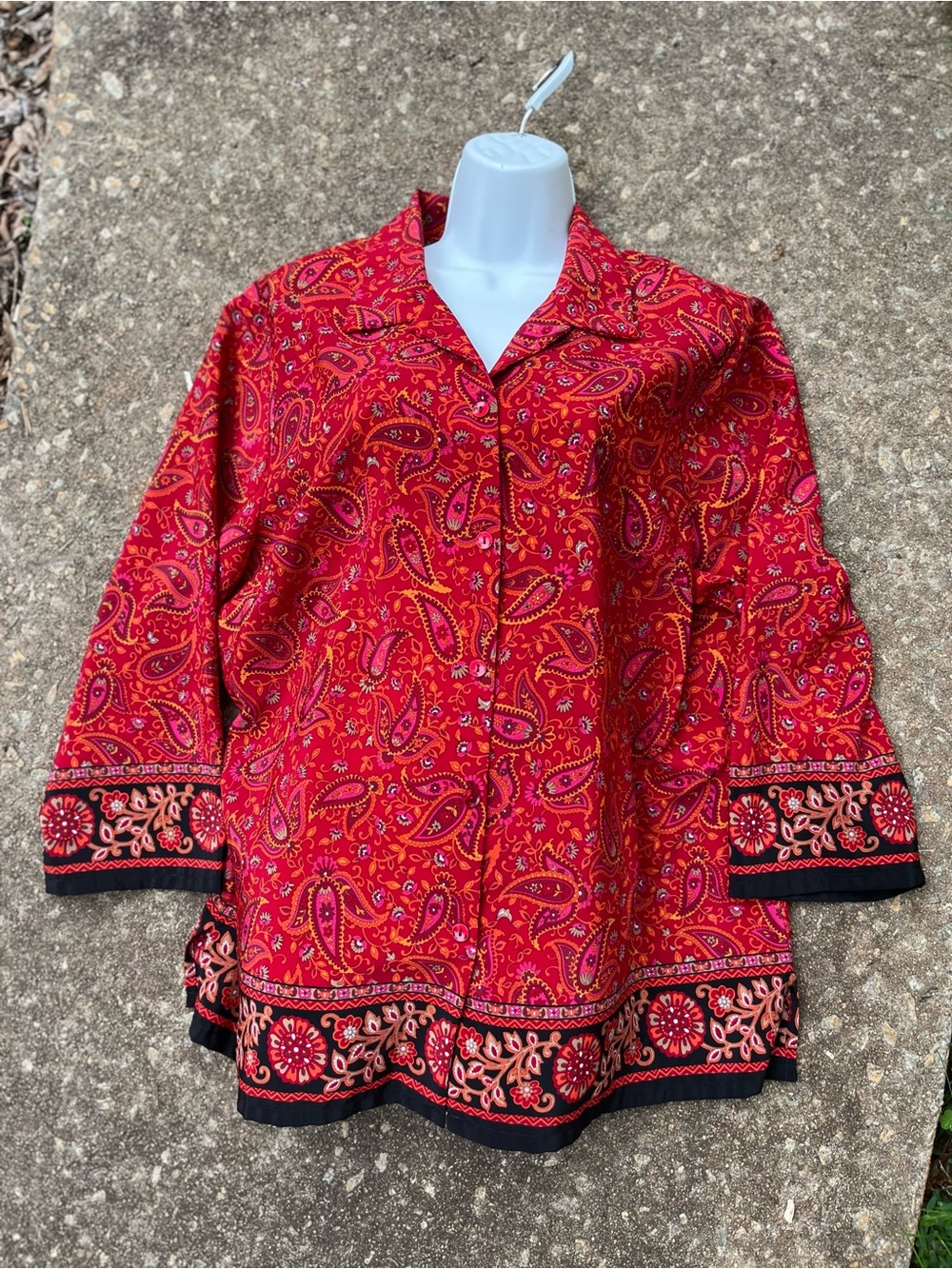 Sag Harbor Red Paisley Button-Front lightweight Summer Vacation Blouse / Top XL